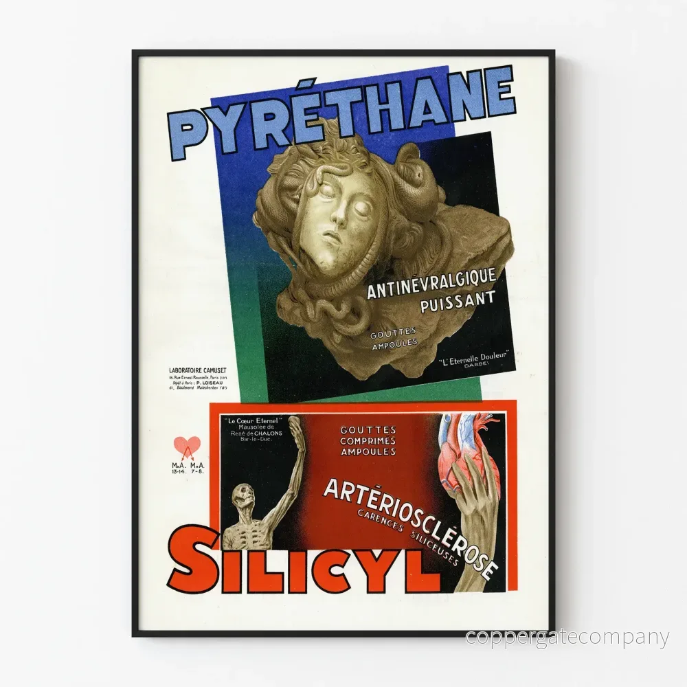Vintage reklamposter för Pyréthane Silicyl smärtstillande och åderförkalkning