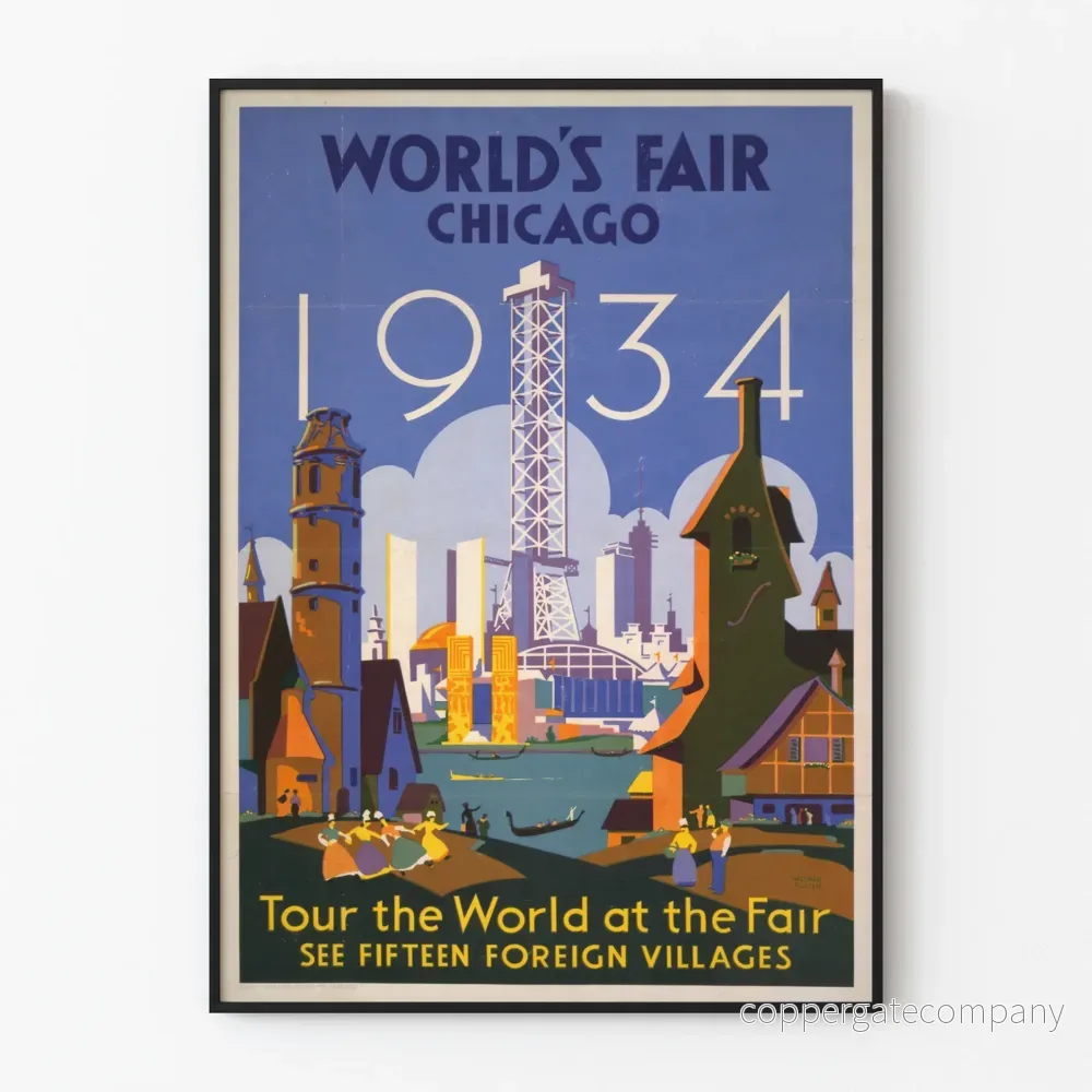 Vintageposter från Världens Utställning i Chicago 1934 för väggdekoration