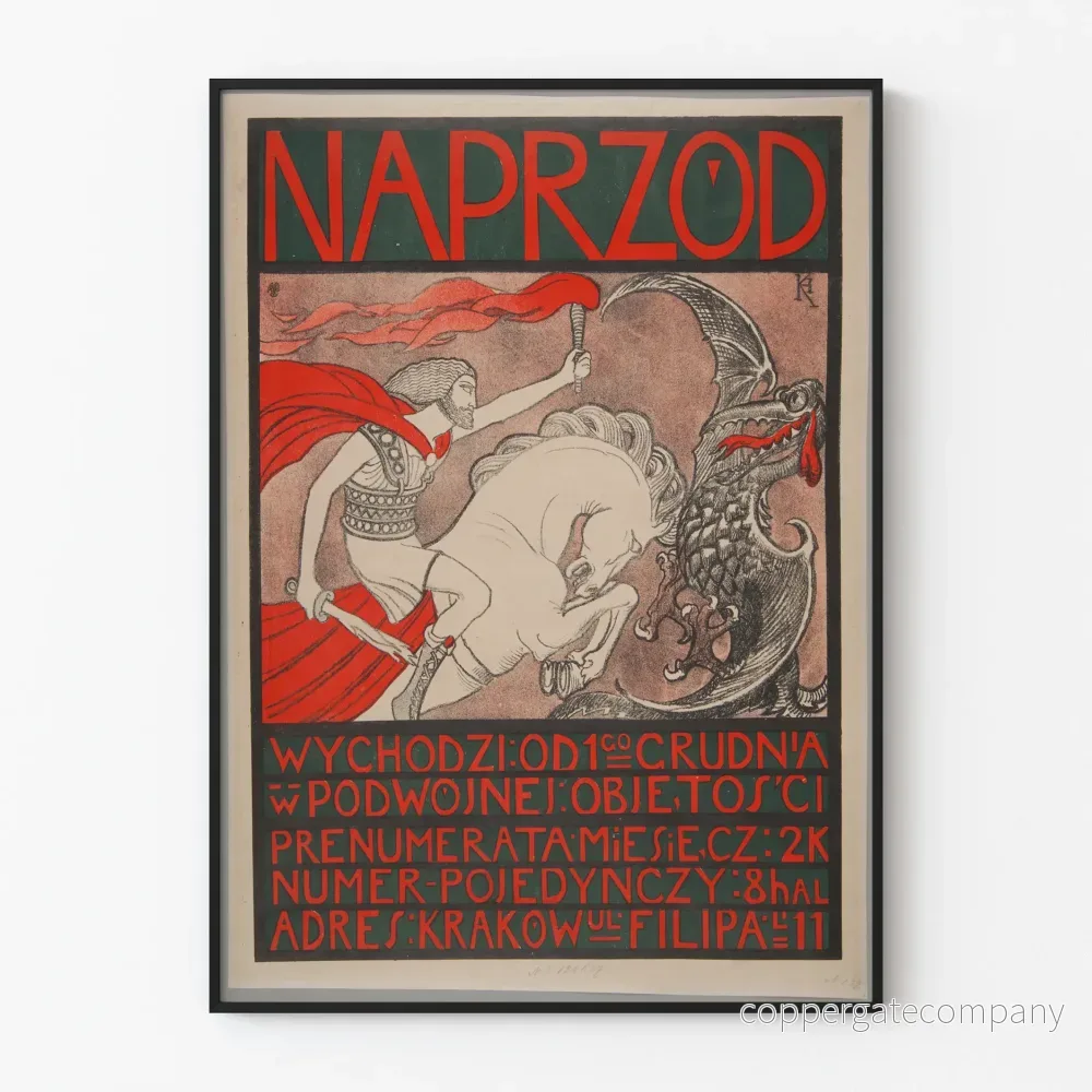 Vintageposter Naprzod - Riddare och Dragon i Rött och Svart