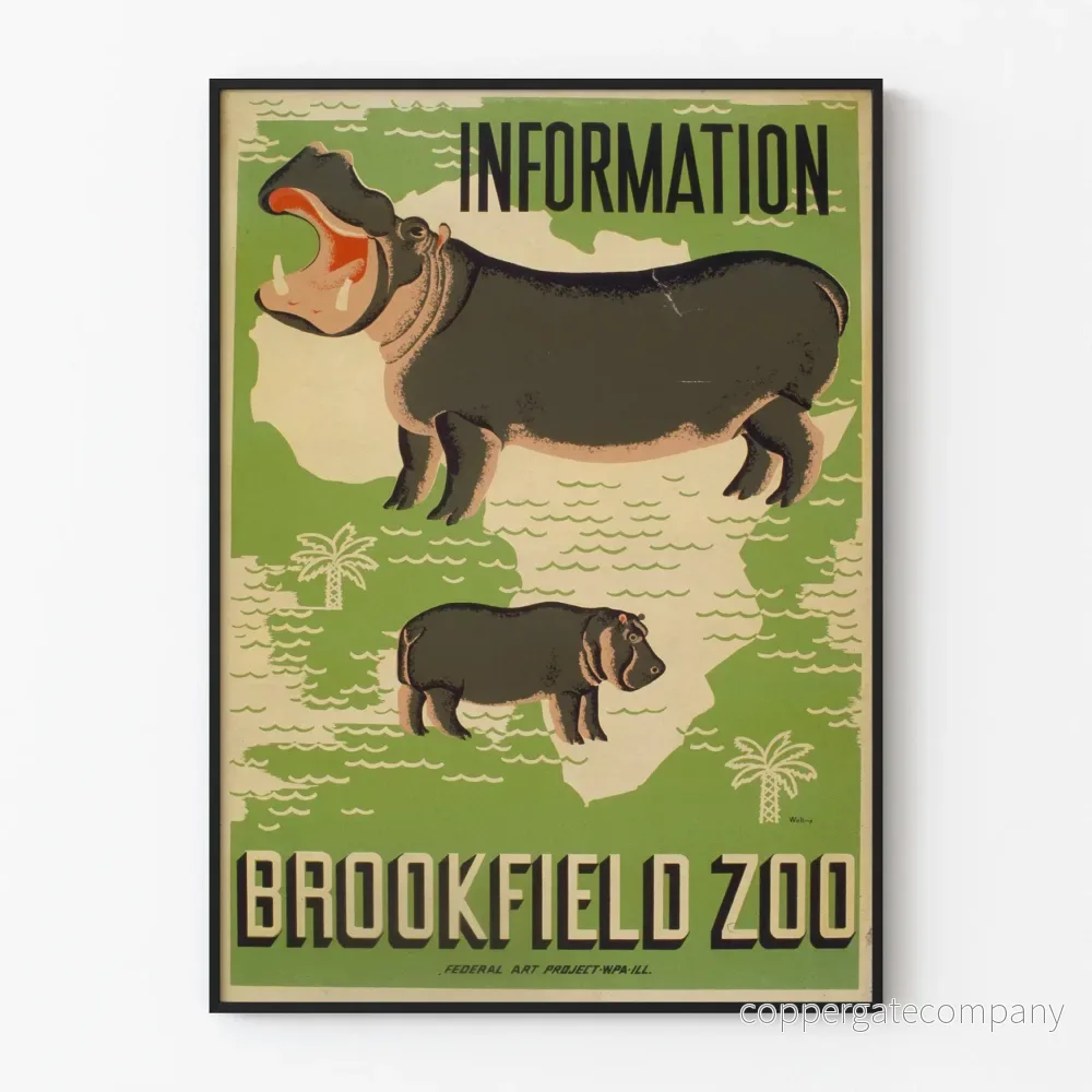 Vintageposter med hippopotamuser från Brookfield Zoo – väggdekoration