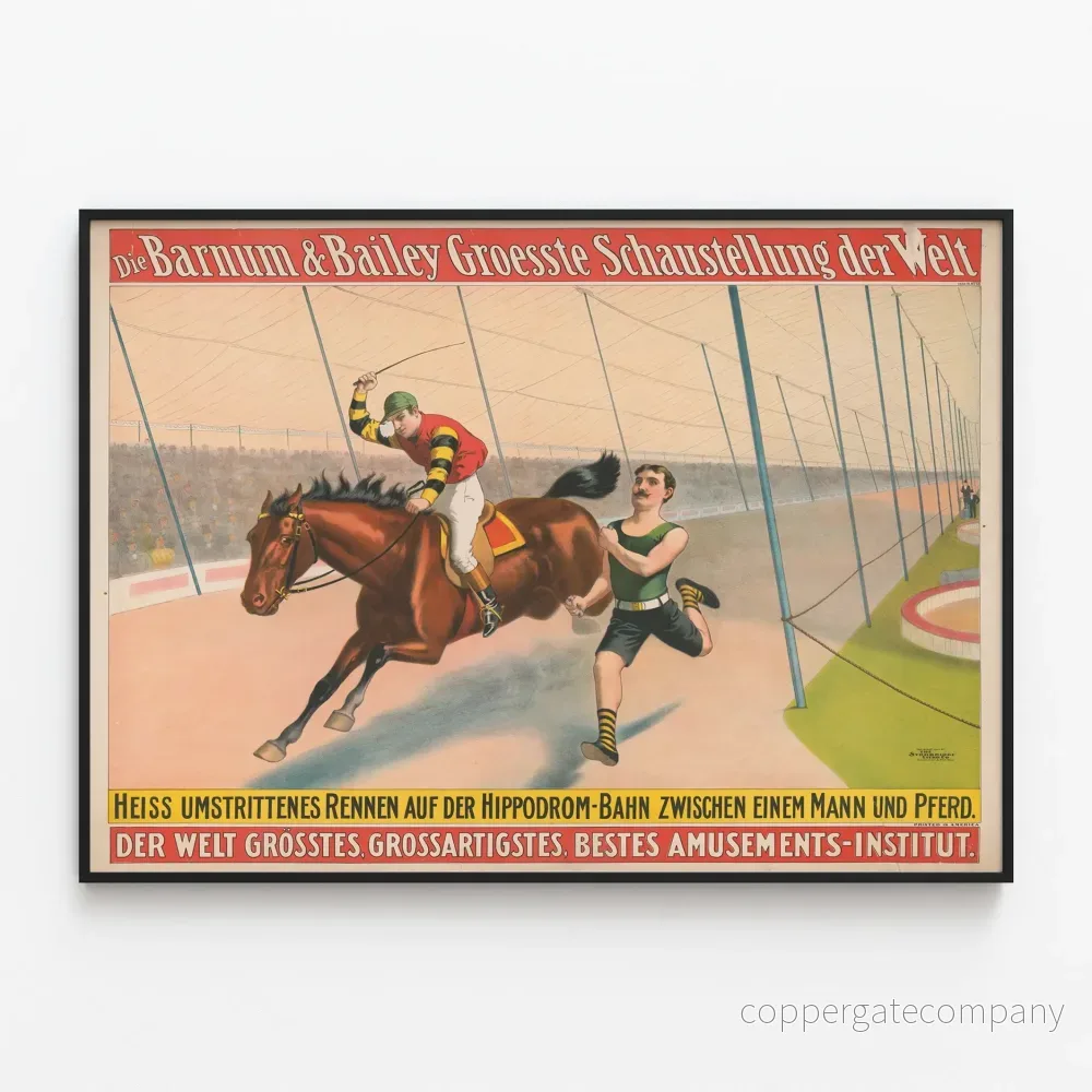 Vintageaffisch för kontroversiell löpartavla Man vs Häst Barnum & Bailey