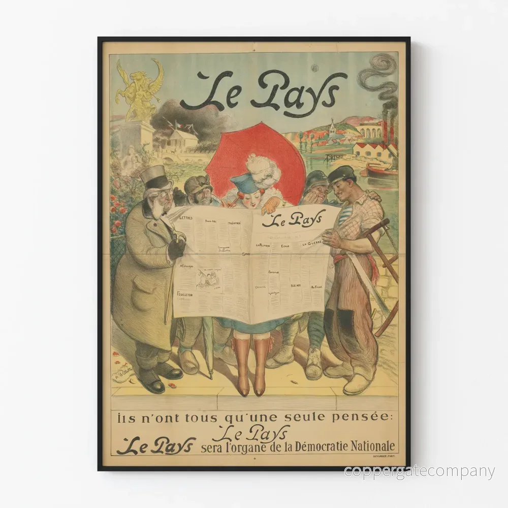 Vintageposter av Le Pays tidning och illustrerade personer