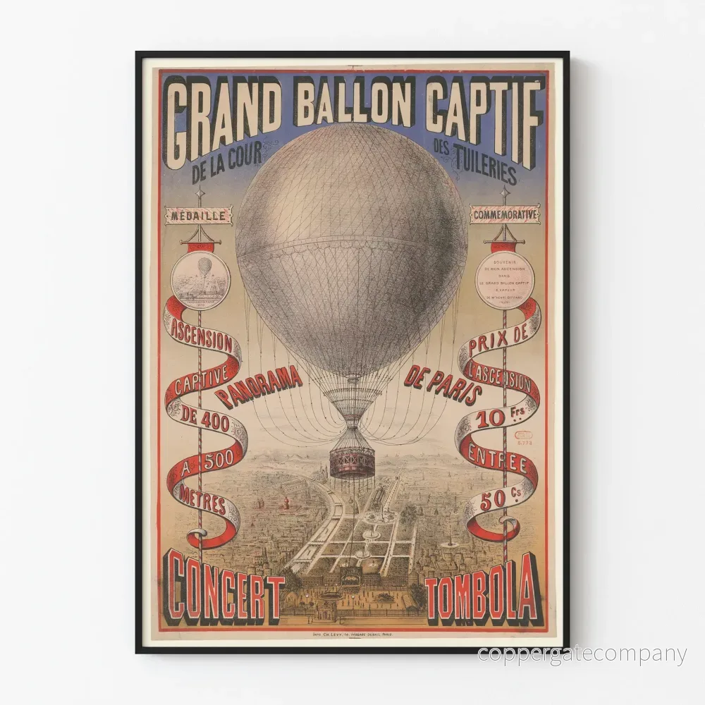 Vintageaffisch Stor Ballong Fångad - Panoramat av Paris
