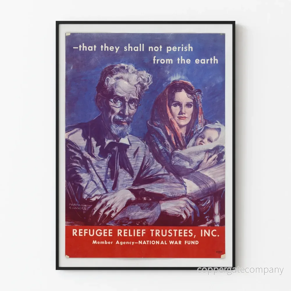 Vintage humanitär poster för flyktinghjälp av Refugee Relief Trustees