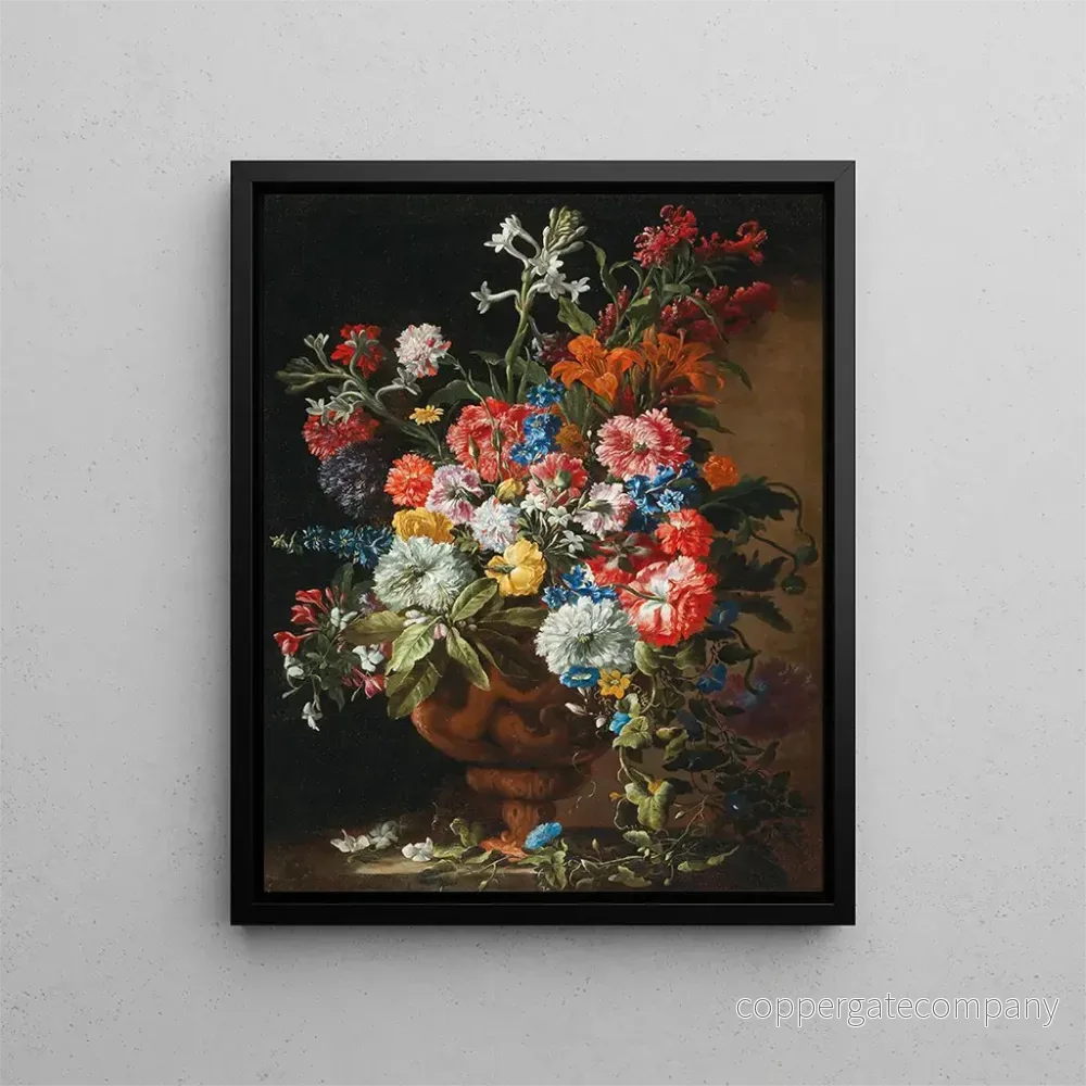 Målning av nejlikor, ljus, vallmo och andra blommor i en dekorativ lerkruka på en stenbänk - Abraham Brueghel | Konsttryck