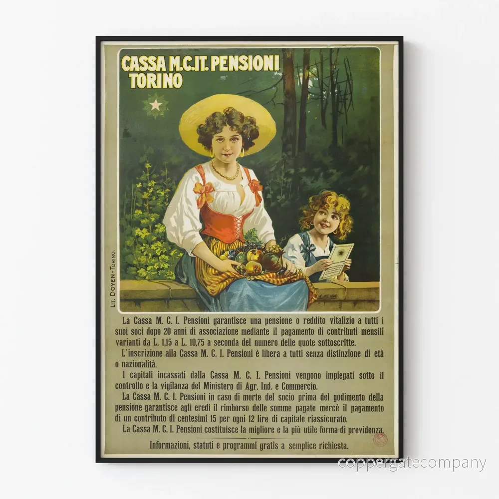 Vintageposter Cassa M.C.I. Pensioni Torino för väggdekoration