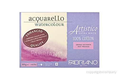 Fabriano Artistico Akquarello Watercolour, extra vit, satinerad varmpressad, 35,5 x 51 cm, 15 ark 300 g/m², högkvalitativ konstnärs akvarellkartong, block på 4 sidor, vegansk 8001348209959