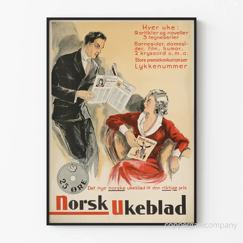 Vintage reklamposter Norsk Ukeblad för väggdekoration