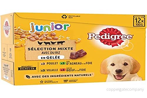 Pedigree Junior Selection blandade gelépåsar juniorhundmat 4 olika smaker 48 påsar på 100 g 3065890125384