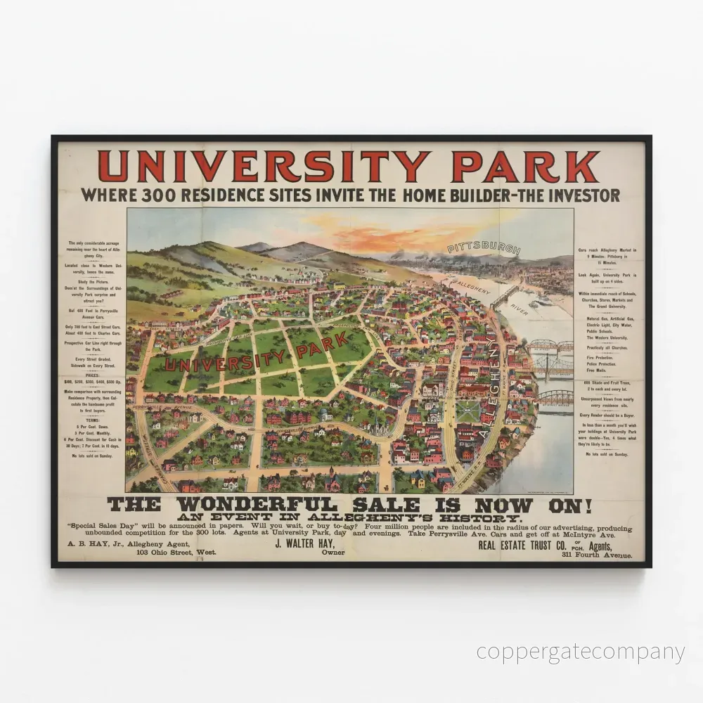 Vintageaffisch University Park - Plan över de 300 bostadsområdena i Allegheny