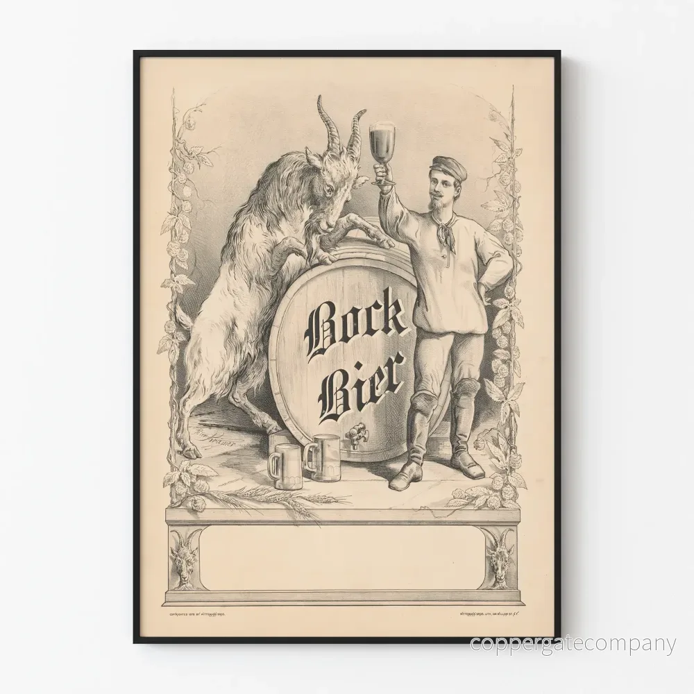 Vintageposter av Bock Bier med illustration av get och man