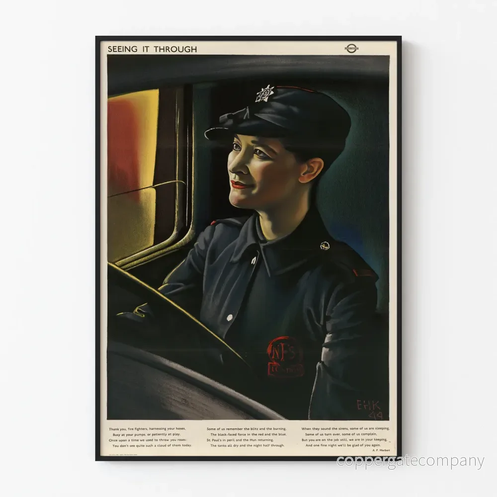 Vintage militärposter "Seeing It Through" kvinna vid ratten