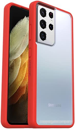 OtterBox React Series skal för Samsung Galaxy S21 Ultra 5G, stöttåligt, fallsäkert, supertunt, skyddande tunt skal, testad till militärstandard, Klar/Röd 840104242629