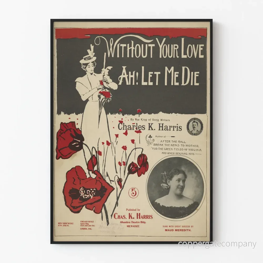 Vintageposter utan ton av kärlek - Blomsterillustration och porträtt