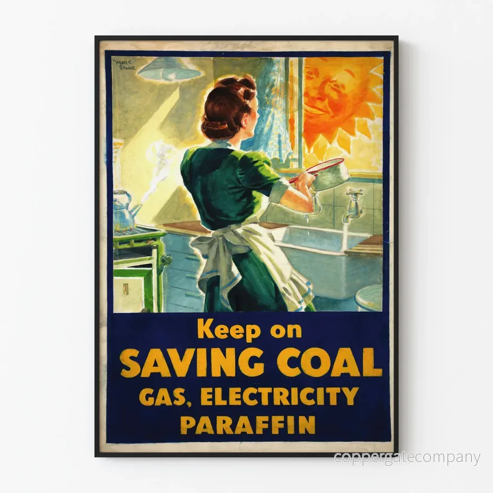 Vintageposter för energibesparing kol, gas, el och paraffin