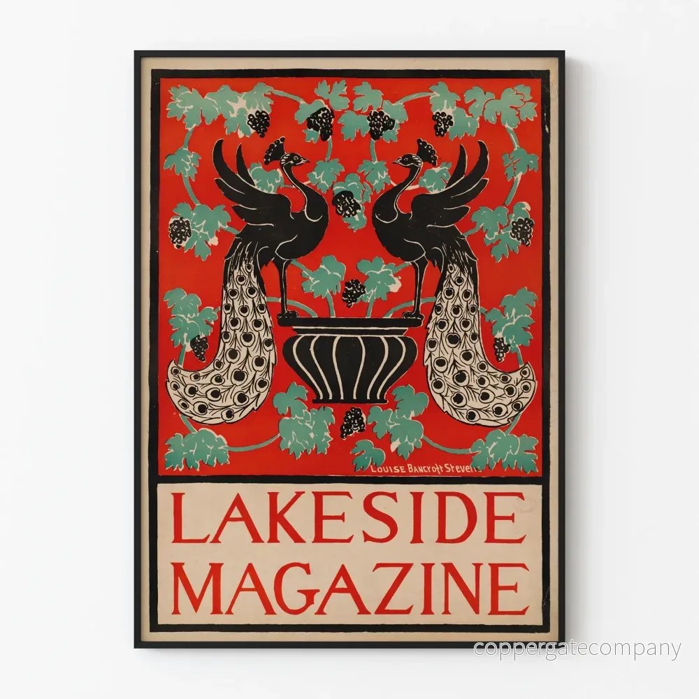 Vintage dekorativ poster Lakeside Magazine med påfåglar och druvklasar