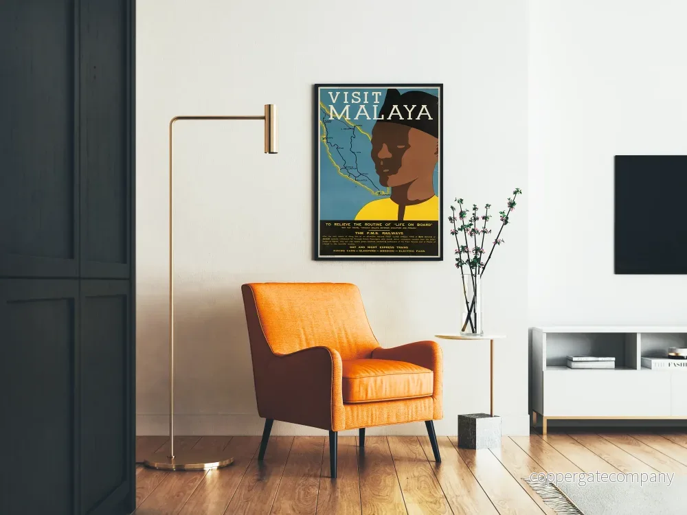 Vintageaffisch Visit Malaya - Karta och profil av man för väggdekoration - Bild 2
